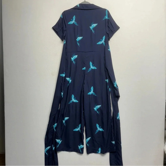 Wayward Fancies EShakti Wide Leg Bird Jumpsuit Navy Blue M Belted Pockets - Picture 7 of 14